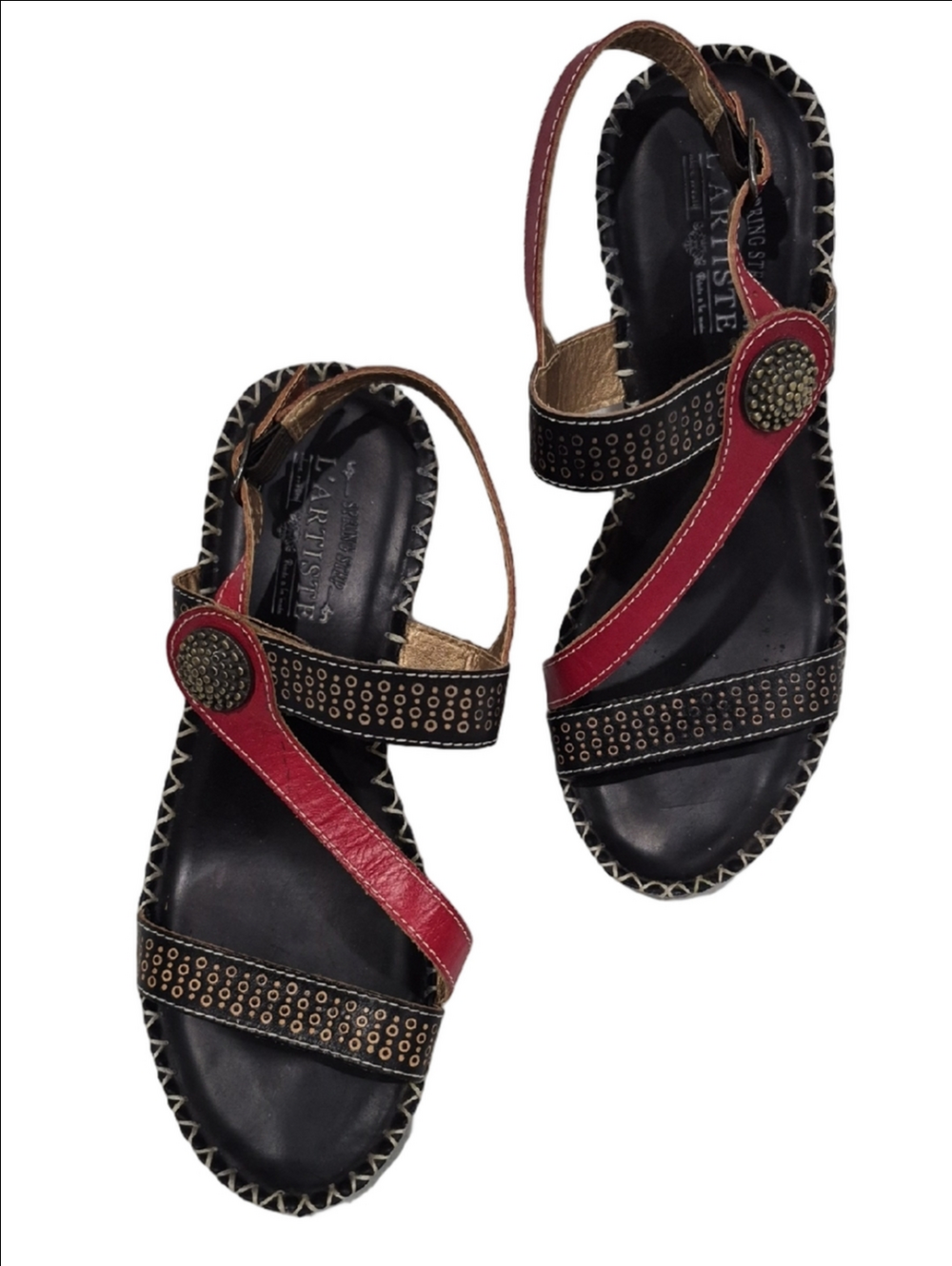 L'artiste Red and Black Stud Accent Leather Slingback Sandals